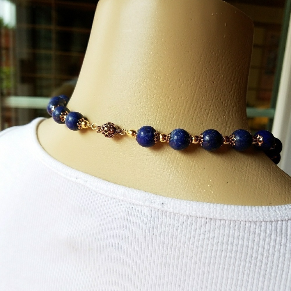 LAPIS & Golden Beaded Necklace & Earrings - Picture 7 of 7